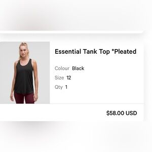 Lululemon essential pleated tank size 12 black